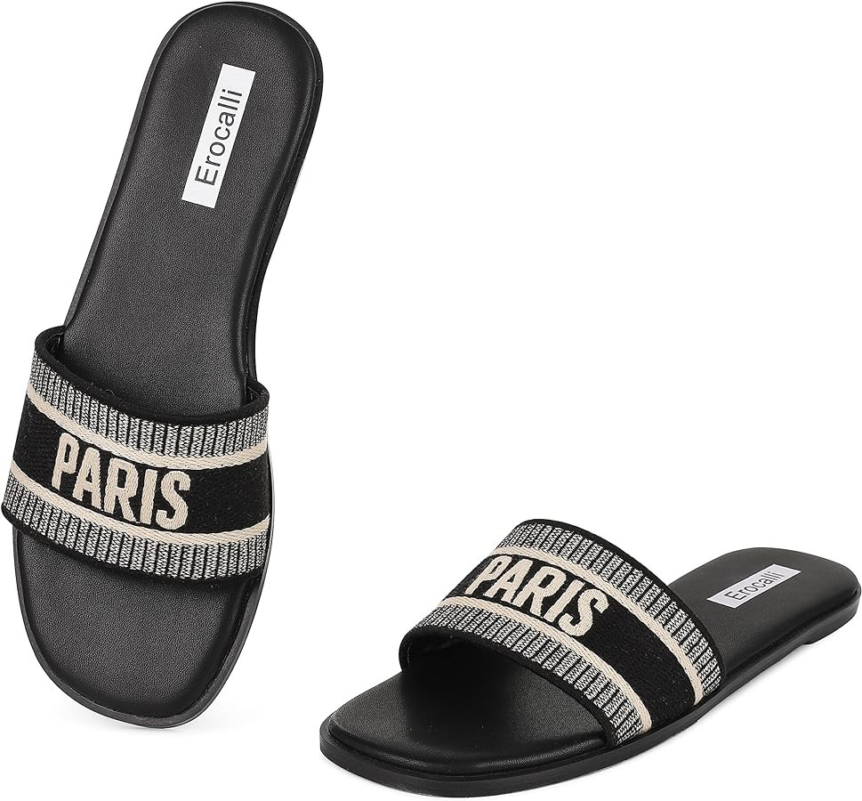 Erocalli Women’s Slides Sandals Flat Sandals for Women Black Sandals Dressy Round Open Toe for ... | Amazon (US)