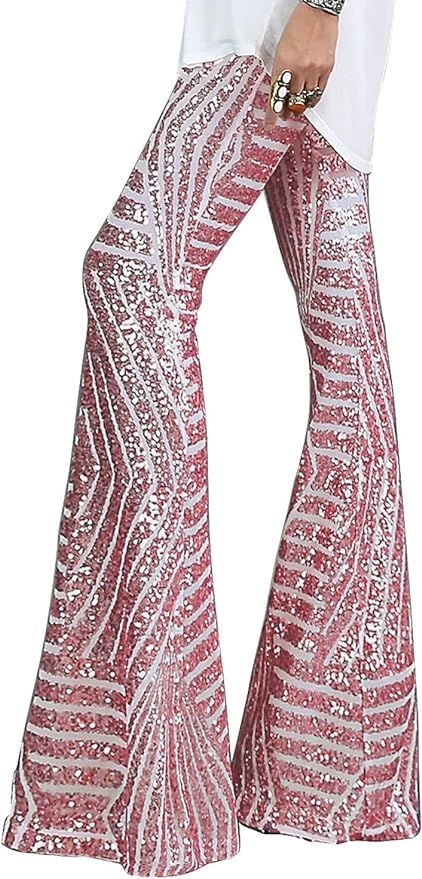 BLENCOT Women's Glitter Sequin Wide Leg Palazzo Pants High Waist Bell Bottoms Party Flared Trouse... | Amazon (US)
