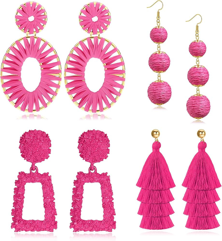 Fansilver Statement Earrings Drop Raffia Earrings Dangle Geometric Earrings Boho Long Tassel Earr... | Amazon (US)