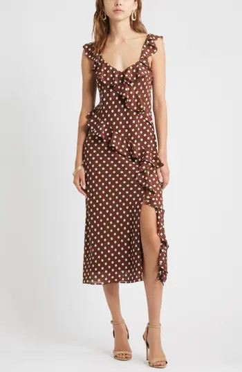 Chelsea28 Ruffle Midi Dress in Brown Polka Dot at Nordstrom Rack, Size Large | Nordstrom Rack