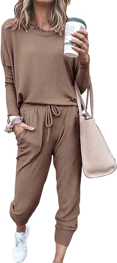 PRETTYGARDEN Women's 2022 Fall Two Piece Outfit Long Sleeve Crewneck Pullover Tops And Long Pants... | Amazon (US)