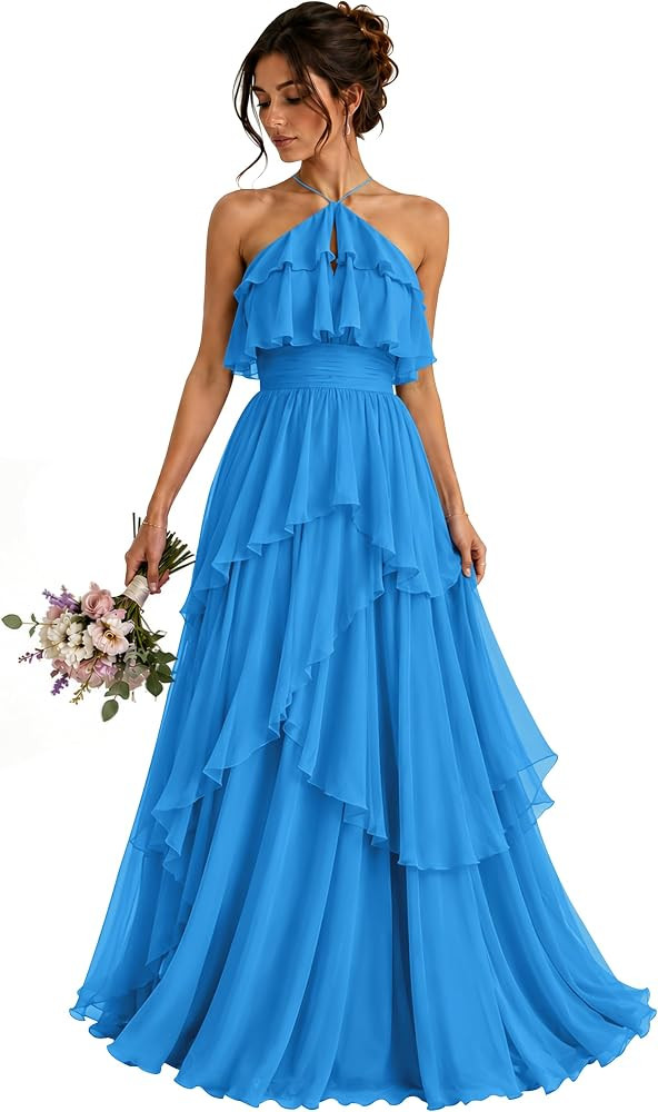Bridesmaid Dresses for Women Chiffon Halter Neck Pleats Tiers Plus Size Backless Wedding Guest Dresses | Amazon (US)