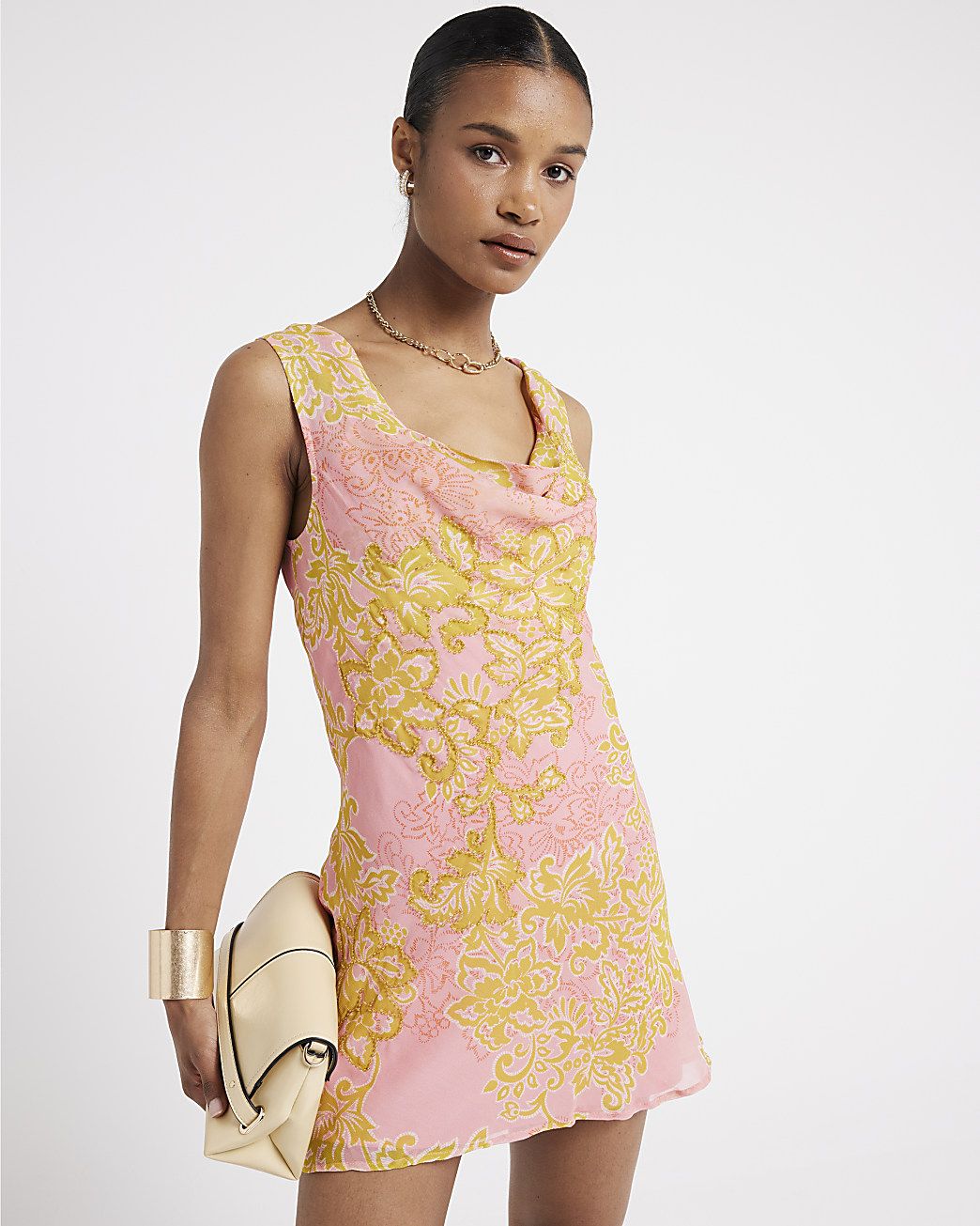 Pink Floral Cowl Neck Slip Mini Dress | River Island (UK & IE)