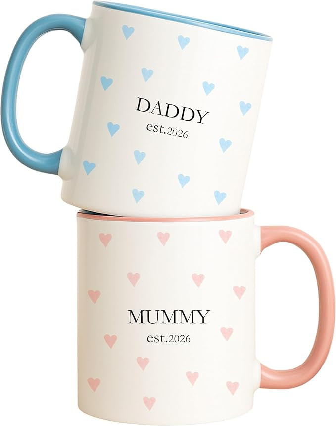 allaboutthebump Personalised Mummy & Daddy Est. 2026 Heart Ceramic Mug Set, Custom New Parents Gi... | Amazon (UK)