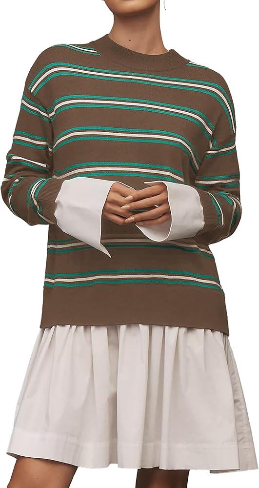 Womens Sweater Dress Fall Trendy Round Neck Striped Pullover Relaxed Fit Twofer Style Patchwork M... | Amazon (US)