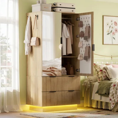 Armoire Wardrobe Closet With 2 Doors and Mirror, Pegboard, LED Light | Wayfair North America