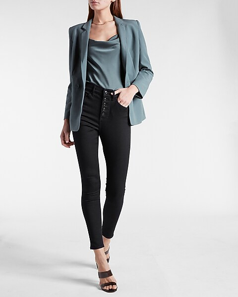 High Waisted Knit Supersoft Black Button Fly Skinny Jeans | Express