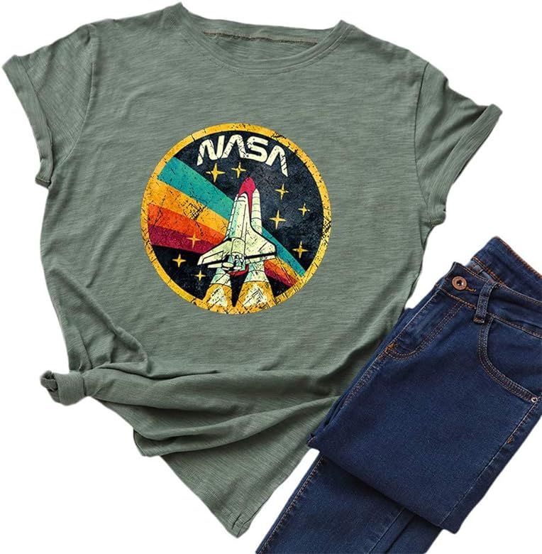 Women Vintage Space Shuttle Graphic T-Shirt NASA Letter Print Shirt Casual Tee Tops | Amazon (US)