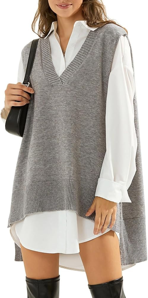 EXLURA Womens Oversized Sweater Vest Knit V Neck Tunic Casual Sleeveless Long Pullover Tank Tops ... | Amazon (US)