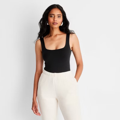 Women's Seamless Tank Bodysuit - A New Day™ Black XS: Slim Fit, Square Neckline, Sleeveless, Crotch Snap | Target
