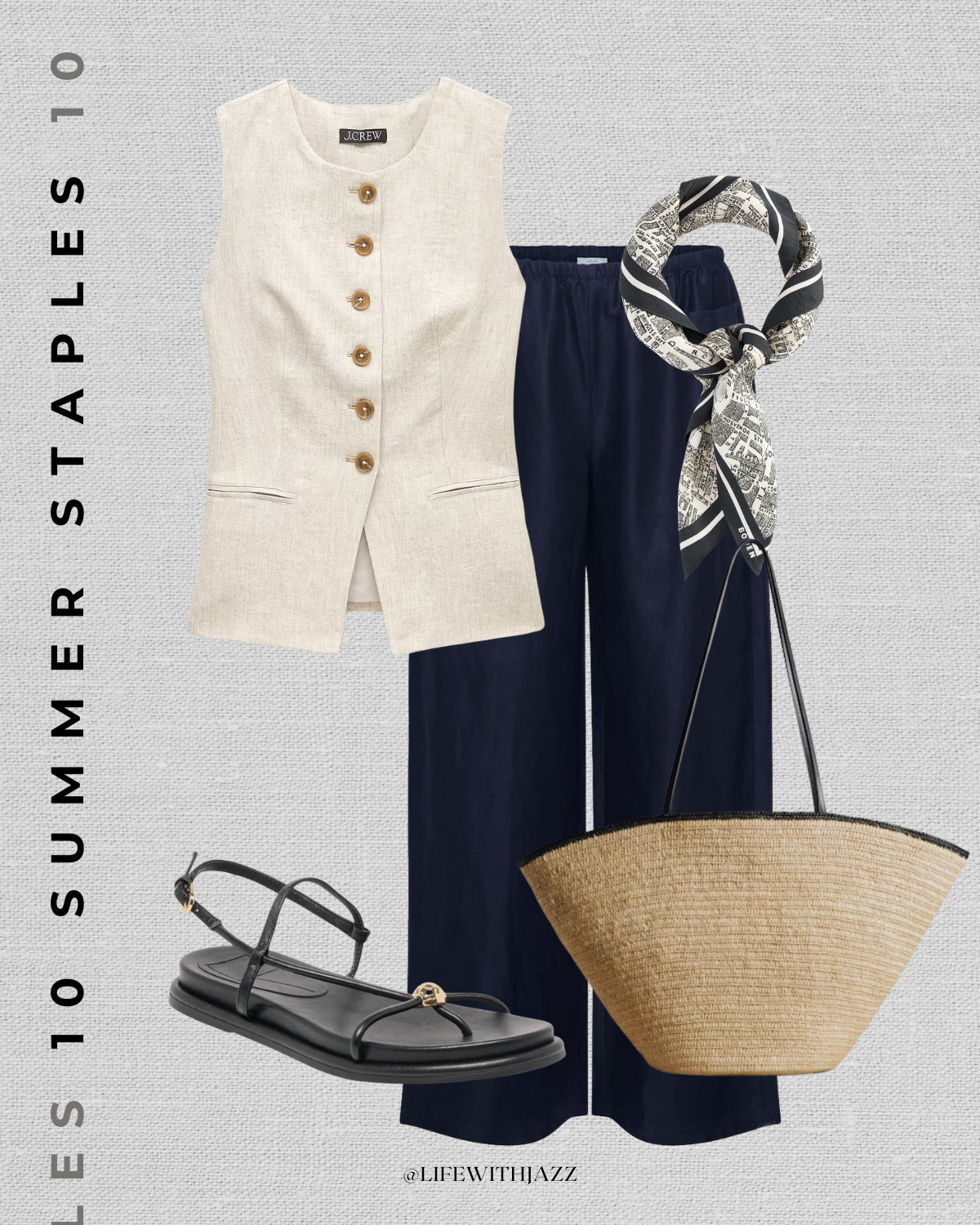 elevated summer outfit 

linen vest / navy linen pants / silk scarf / sezane straw tote / strappy sandals / elevated dressy

#LTKootd