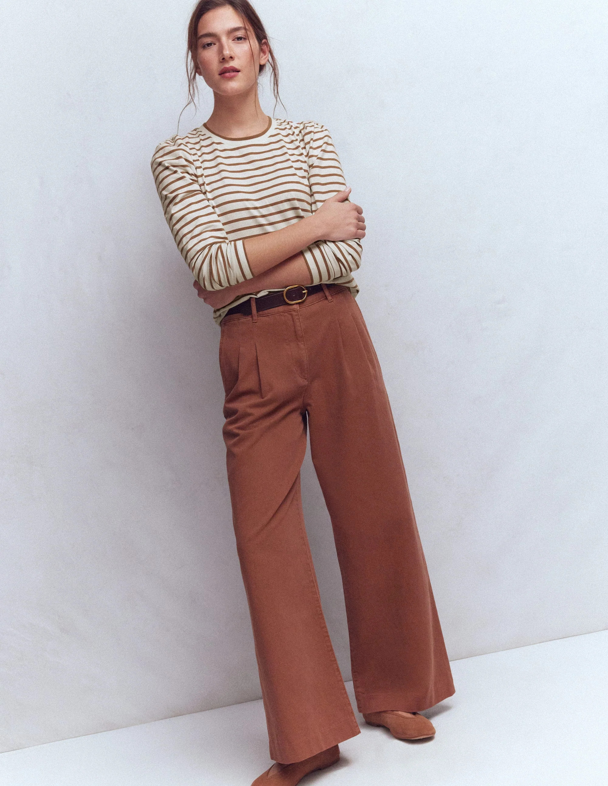 Pleat Sleeve Stripe Top-Ginger and Ivory Stripe | Boden UK