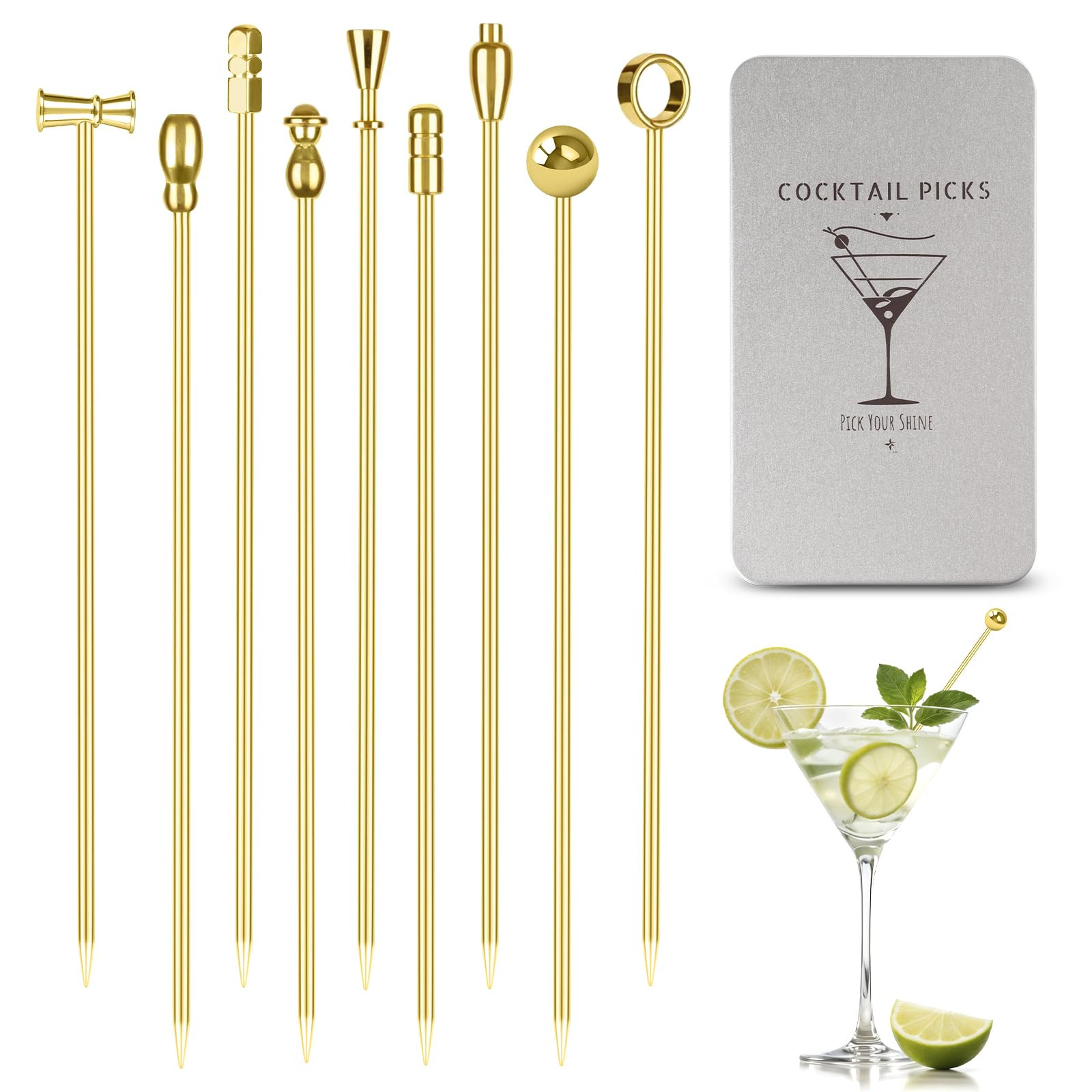 Metal Cocktail Martini Picks Gold, 4.1 in Olive Skewers Stainless Steel, Martini Garnish Sticks R... | Amazon (US)