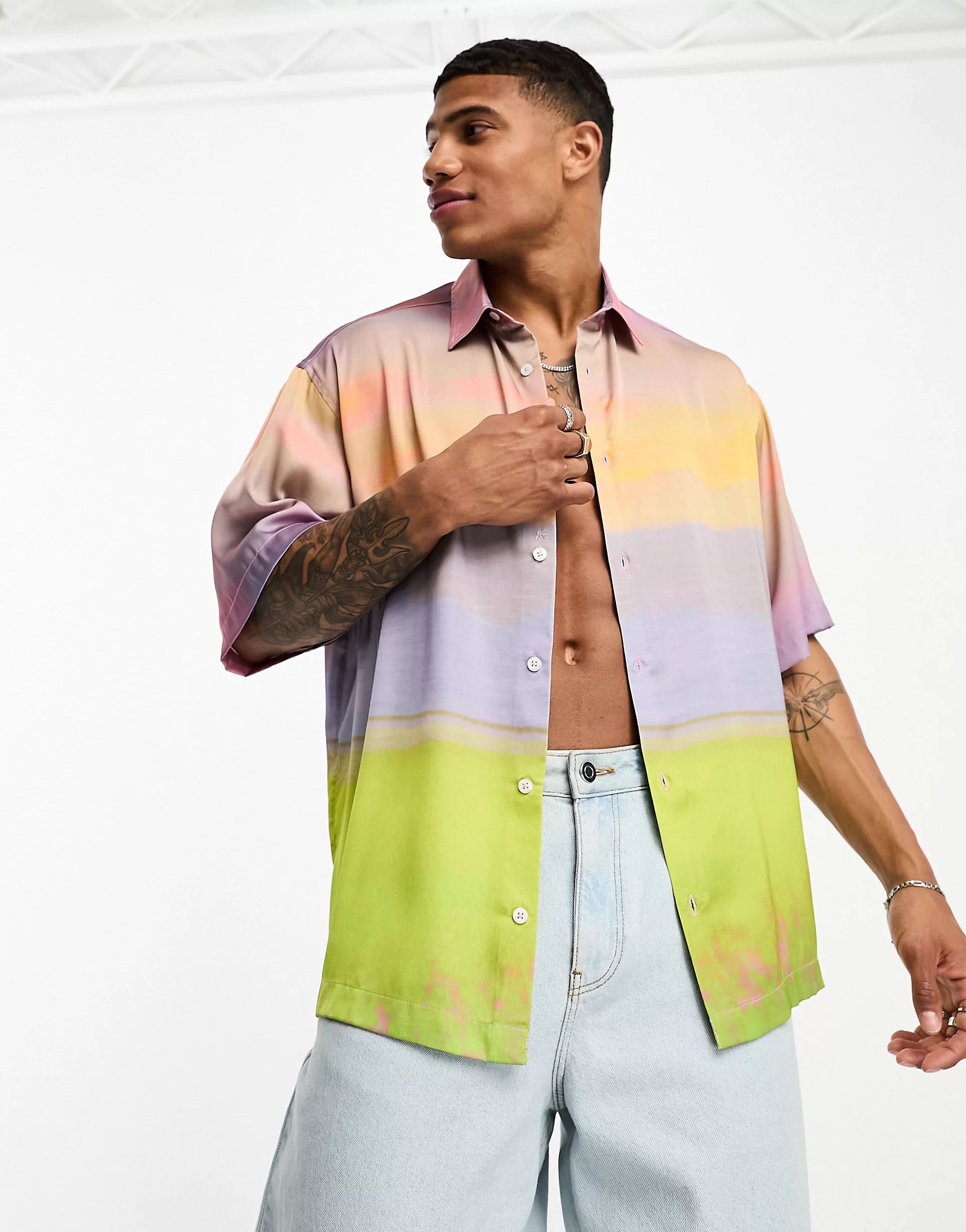 ASOS DESIGN boxy oversized satin shirt in pastel scenic print | ASOS (Global)