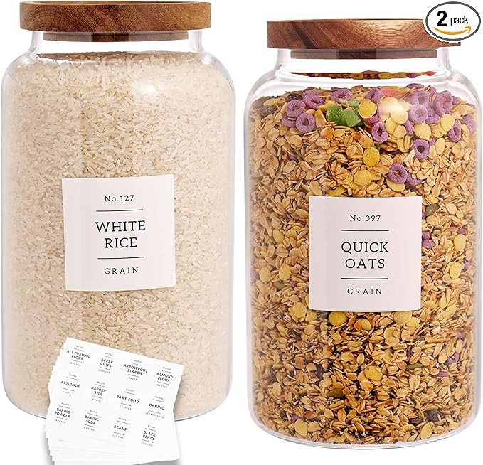 Set of 2 Large Glass Jar with Airtight Acacia Lid and 132 Kitchen Pantry Labels, Clear Glass Food... | Amazon (US)