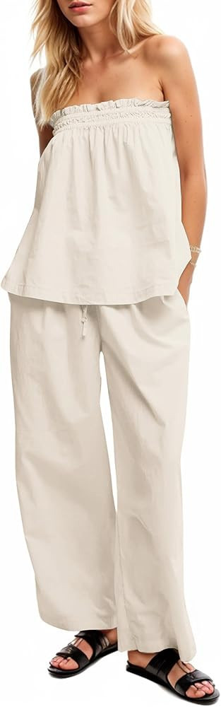 MISSACTIVER Women's Two Piece Outfit Strapless Tube Top and Beach Wide Leg Pants Set 2 Piece Loun... | Amazon (US)