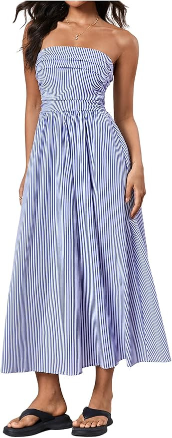 Milumia Women's Striped Strapless Maxi Dress Summer Casual Tube Top Long Dresses with Pocket | Amazon (US)