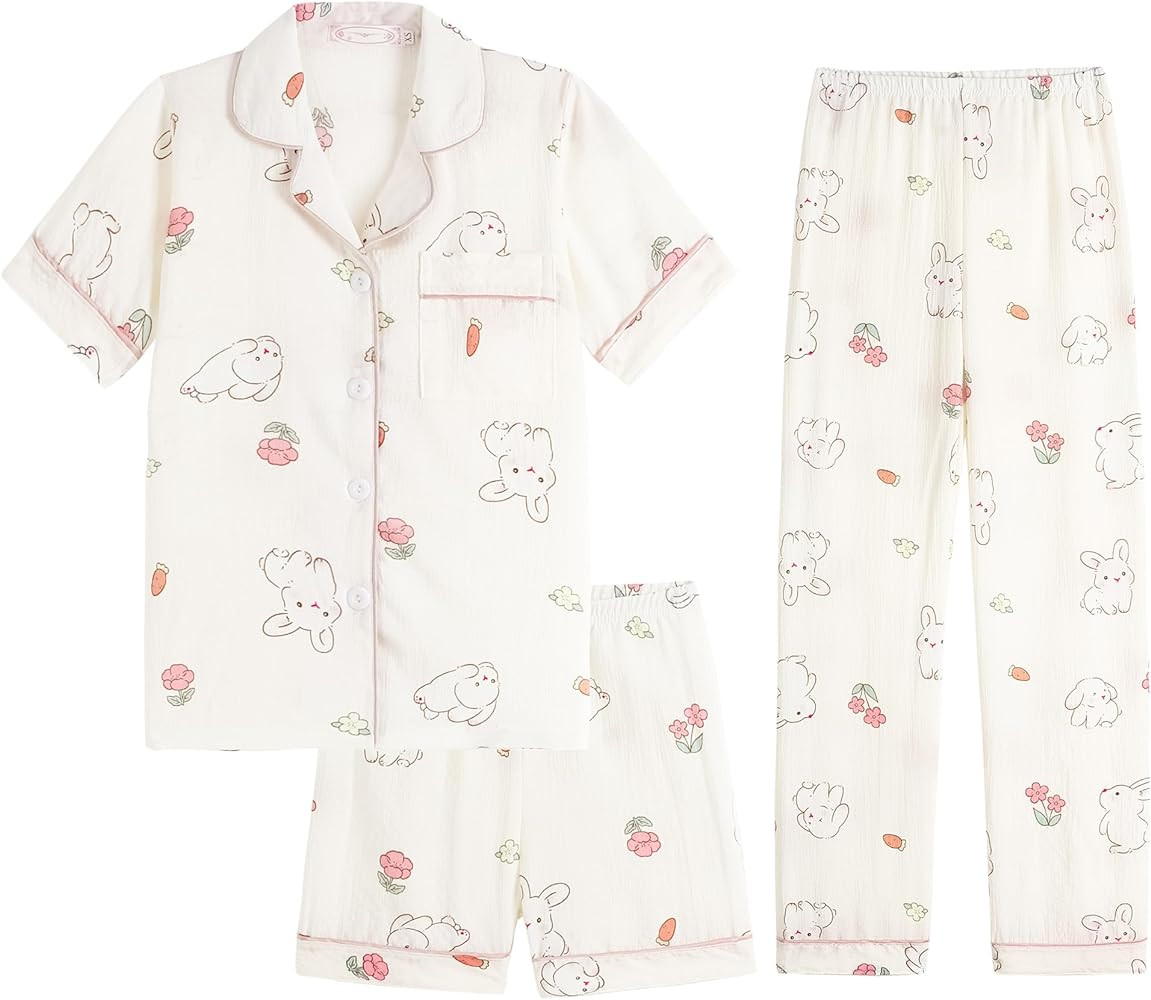 Big Girls Button Down Pajama Set 3pcs Short Sleeve Long Pants with Shorts Crepe Wrinkled Fabric S... | Amazon (US)