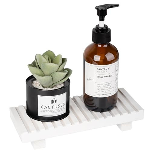 Bathroom Tray Rustic Farmhouse Bathroom Decor Wood Display Stand Riser Kitchen Soap Dish Holder for Vanity, Countertop, Sink, 8.6 * 3.6 White | Amazon (US)