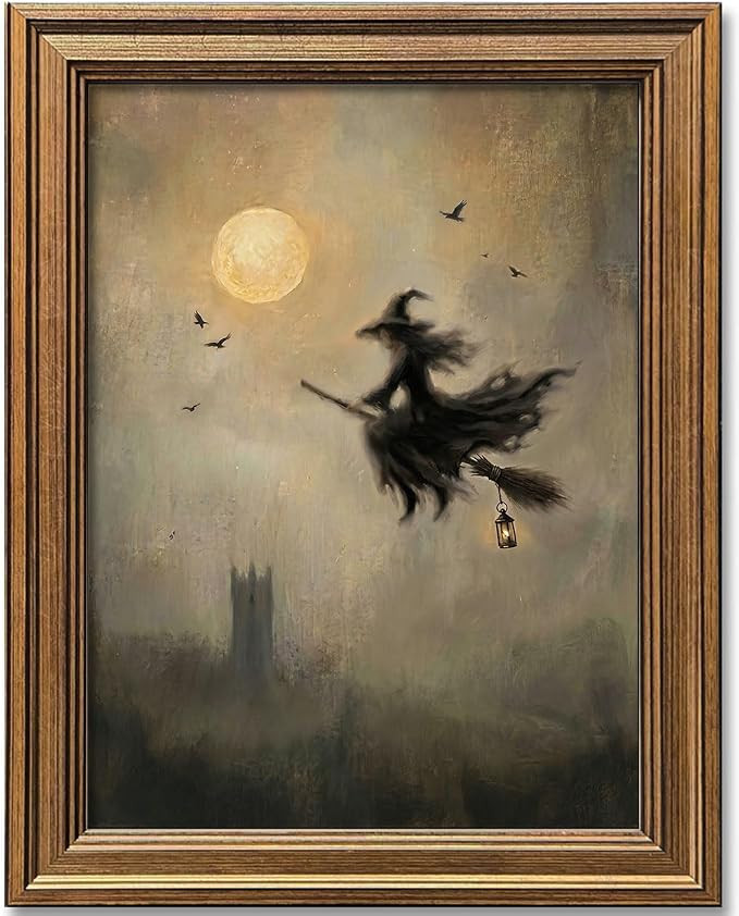 Wemandh Vintage Halloween Wall Art, Gold Framed Flying Witch on Broom Canvas Print, Spooky Full M... | Amazon (US)