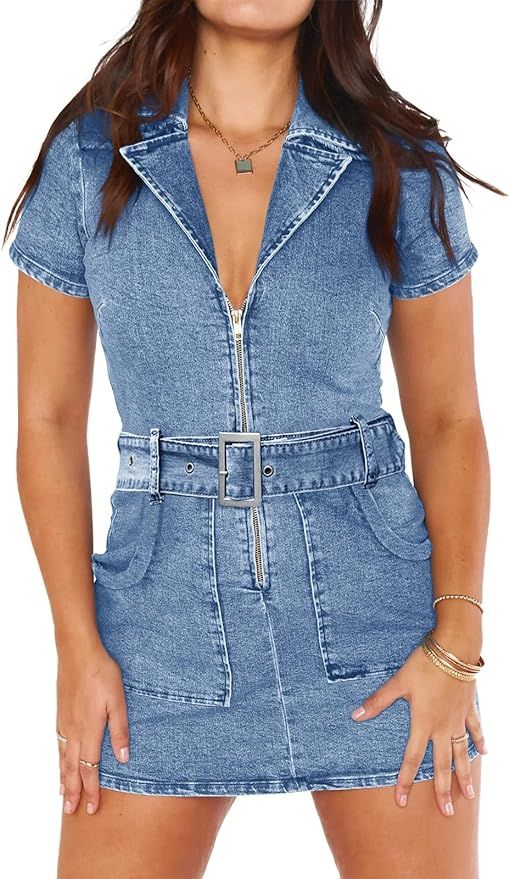 Wenrine Womens Summer Denim Dresses Bodycon Zipper Front Belted Sexy Mini Casual Dress with Pocke... | Amazon (US)