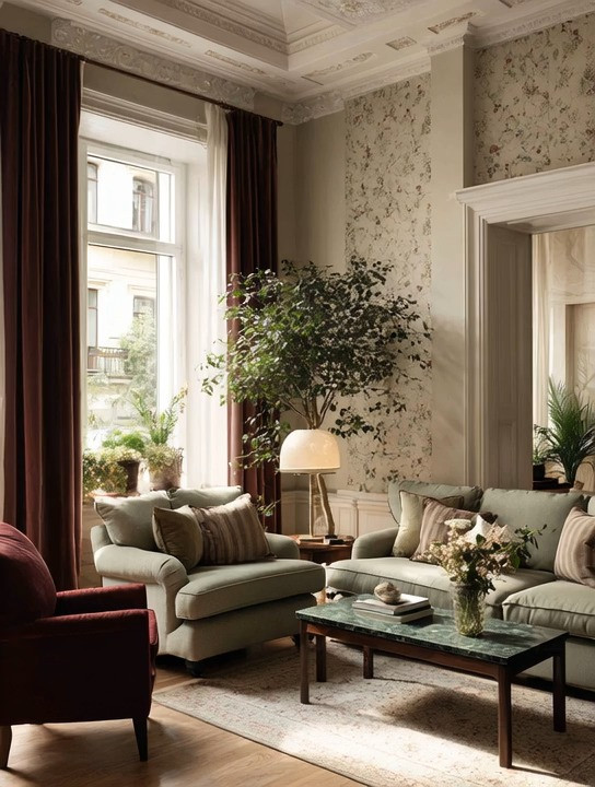 If we could steal just one thing from this living room, it would be that gorgeous tree-like indoor plant.

Two? The emerald marble coffee table.

Three? The rich burgundy velvet chair paired with those floor-length velvet curtains.

Four? That calming sage green sofa.

And honestly... we'd probably take the wallpaper too.

The beauty of this room isn't that every piece is expensive. It's that every element works together in harmony.

The soft sage green creates a calm foundation. Burgundy adds warmth, richness, and timeless elegance. Emerald marble introduces a luxurious natural accent. The oversized indoor tree brings life, movement, and balance. Even the floral wallpaper quietly ties everything together without overwhelming the space.

The best part? You don't need to recreate the entire room.

Choose one statement piece. Add a second when you're ready. Layer your home over time with pieces you truly love.

Beautiful homes aren't created by buying everything at once. They're created by intentionally selecting elements that work beautifully together.

We've linked our favorite pieces so you can recreate as much—or as little—of this look as you'd like.

Elegance is about taste, not about square footage.

#LivingRoomDecor #HomeDecor #InteriorDesign #LTKHome 

 #LTKHome
