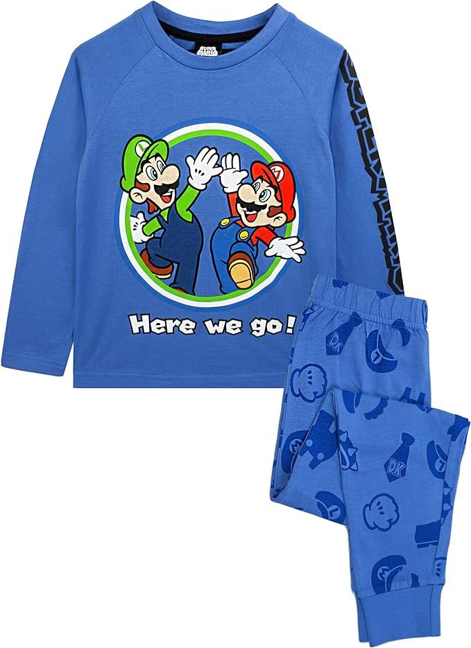 SUPER MARIO Pyjamas Luigi Boys Long Sleeve Kids Blue T-Shirt & Trousers PJ Set | Amazon (US)