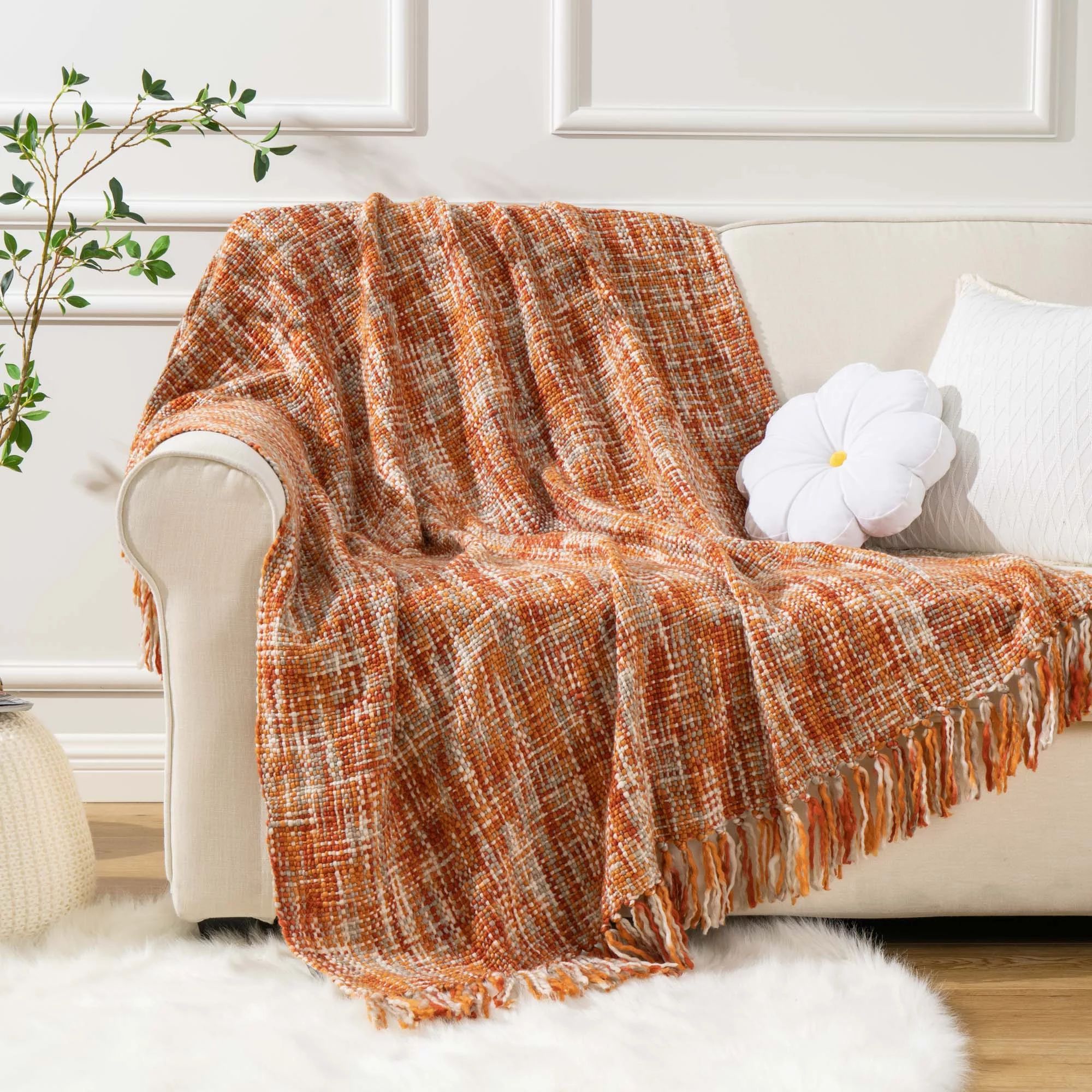 Battilo Rust Orange Throw Blanket for Couch, Decorative Fall Knit Blankets and Throws, Bed Throws... | Walmart (US)