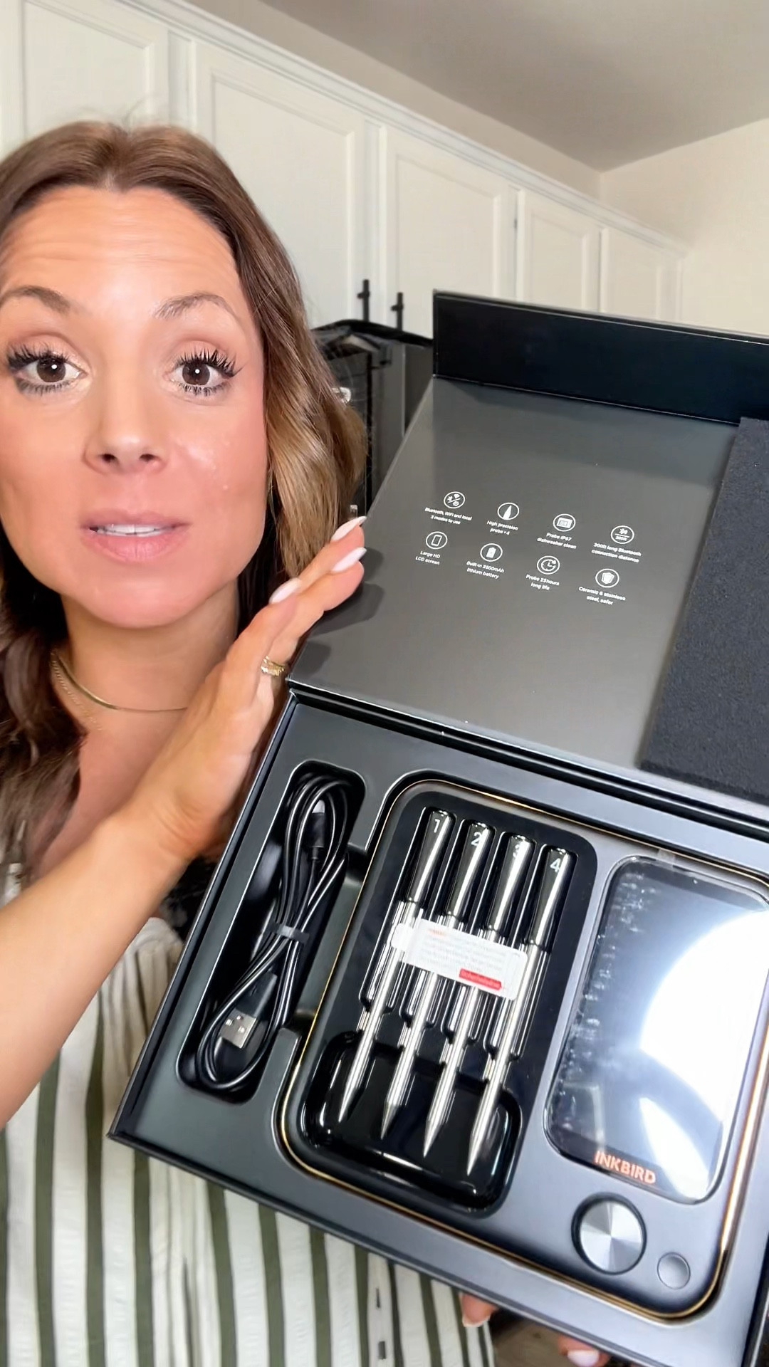 This is a wireless Bluetooth meat thermometer that tracks your food’s temperature in real time from your phone—so no more guessing, no more overcooking, and no more cutting into your food to check if it’s done.

It comes with FOUR probes so you can cook multiple steaks exactly how everyone likes them (which if you have a family… you know is a struggle). It’s completely wireless, dishwasher safe (huge win), and the magnetic back sticks right to your fridge so you never lose it.

• #FathersDayGift
• #KitchenGadgets
• #GrillingSeason
• #CookingAtHome
• #EasyCooking