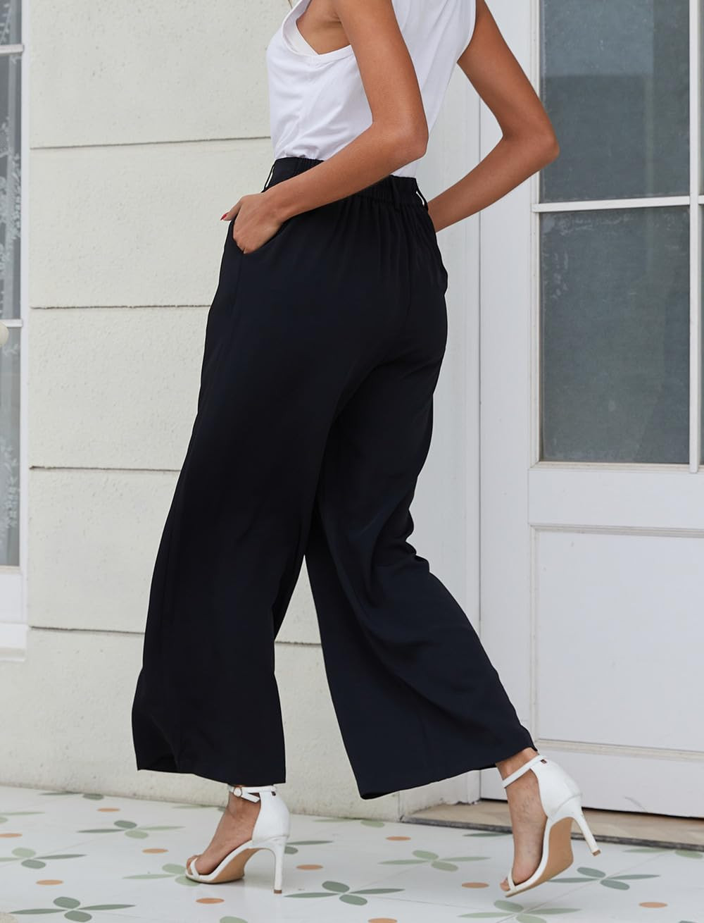 Women's Wide Leg Dress Pants High Elastic Waisted in The Back Business Work Causal Trousers Long ... | Amazon (US)