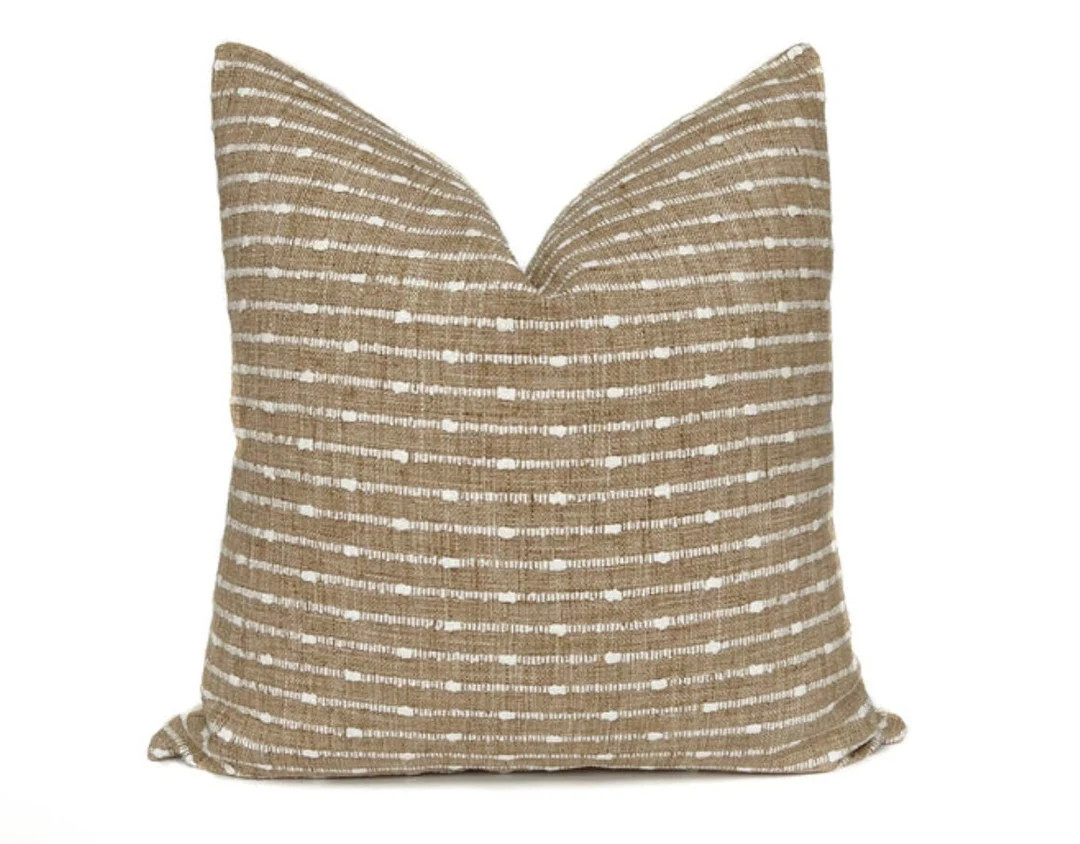 Neutral Pillow Cover Camel With White Horizontal Stripes Minimal Linen Blend Textured Thick Cushi... | Etsy (US)