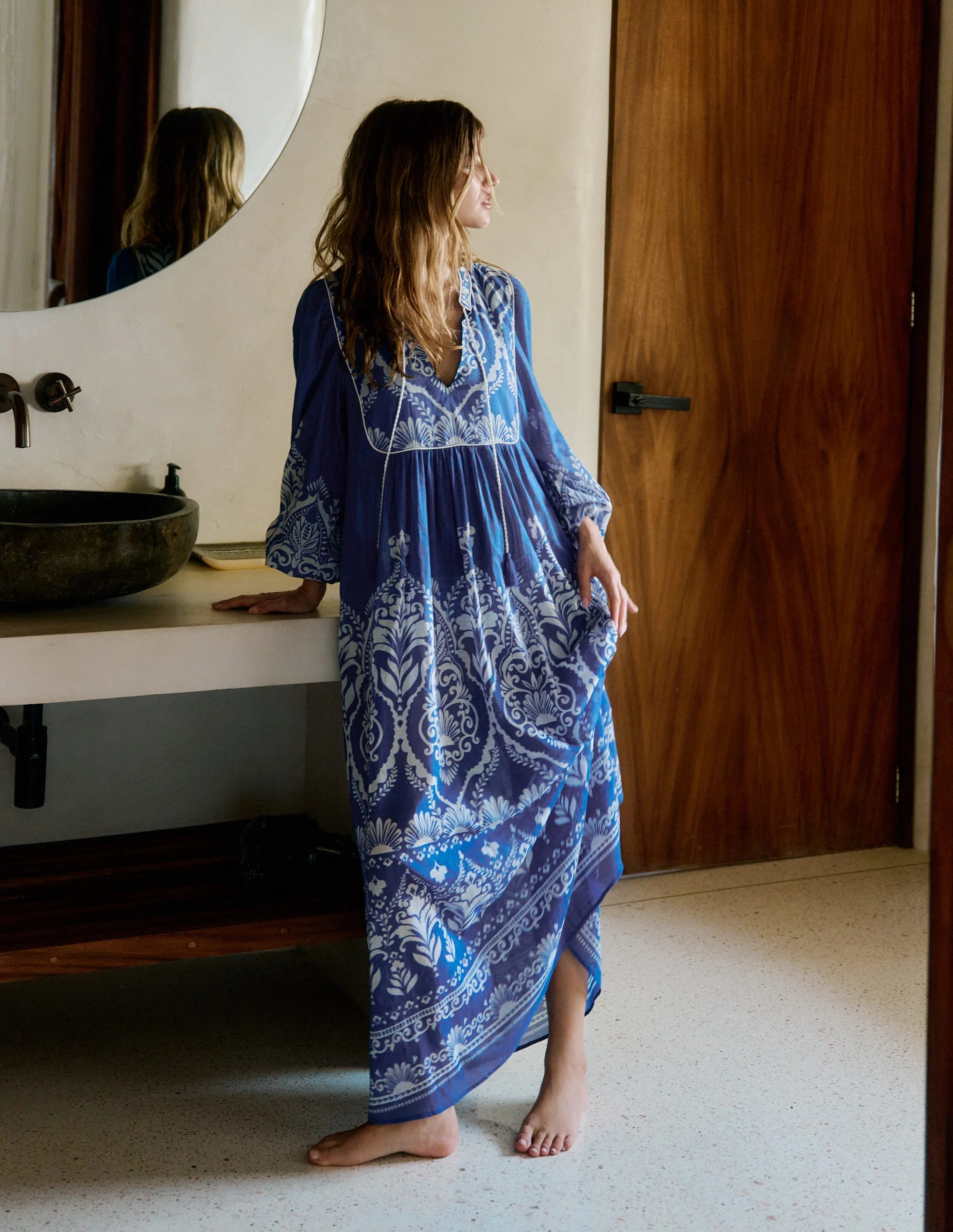 Boho Tie Neck Kaftan-Blue Ornamental Garden | Boden UK