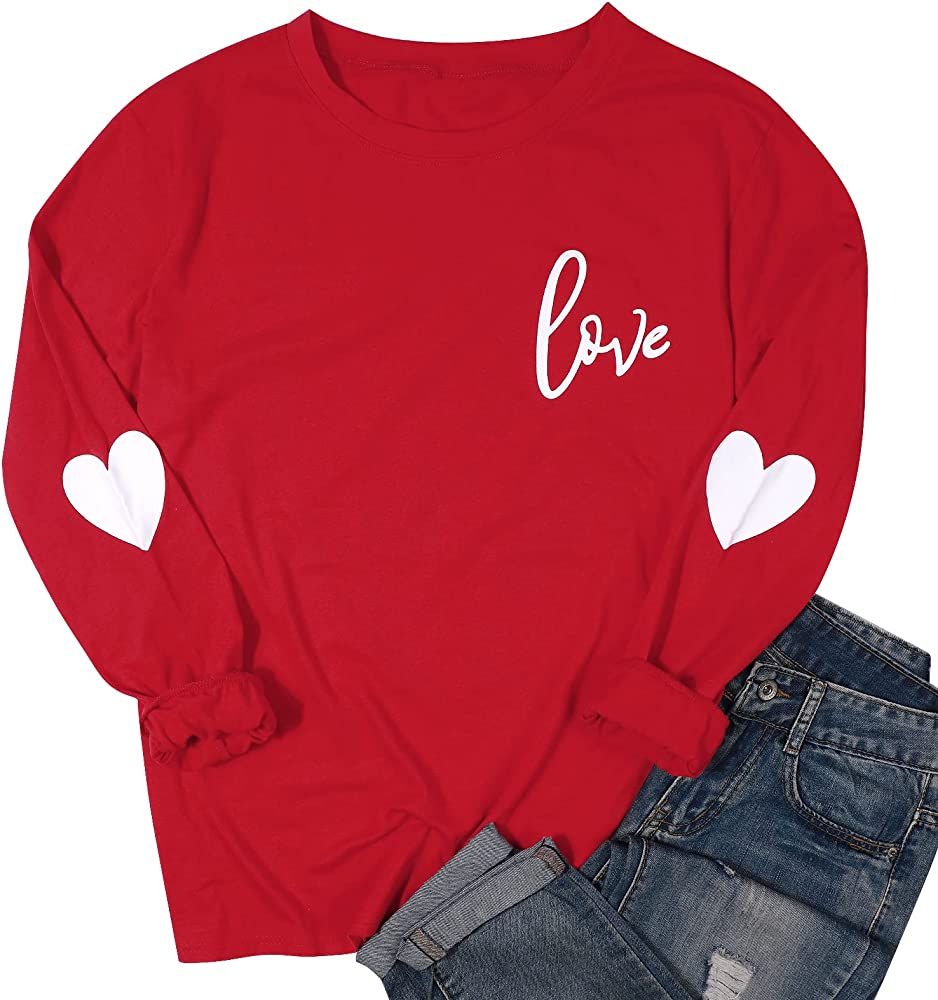 Love Letter Print T Shirt Women Funny Valentine's Day Tee Shirt Love Heart Graphic Long Sleeve To... | Amazon (US)