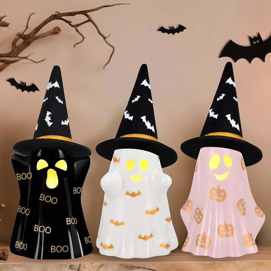 Halloween Decorations Indoor, Set of 3 Ceramic Halloween Ghosts with Witch Hats, Cute Spooky Ligh... | Amazon (US)