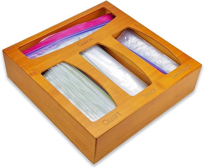 CRAKTH Bamboo Ziplock Bag Storage Organizer and Dispenser for Kitchen Drawer, Suitable for Gallon... | Amazon (US)
