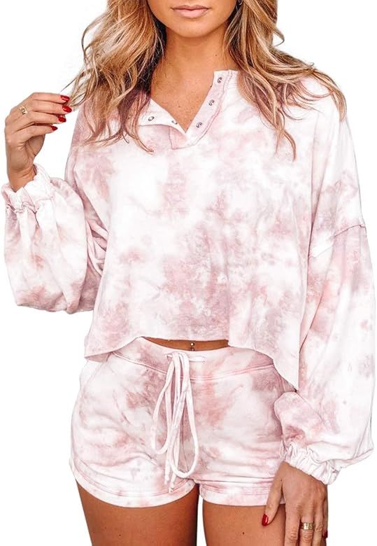 BLENCOT Women's Tie Dye Pajamas Set Long Puff Sleeve Shirts and Shorts PJ Set Button Down Nightwe... | Amazon (US)