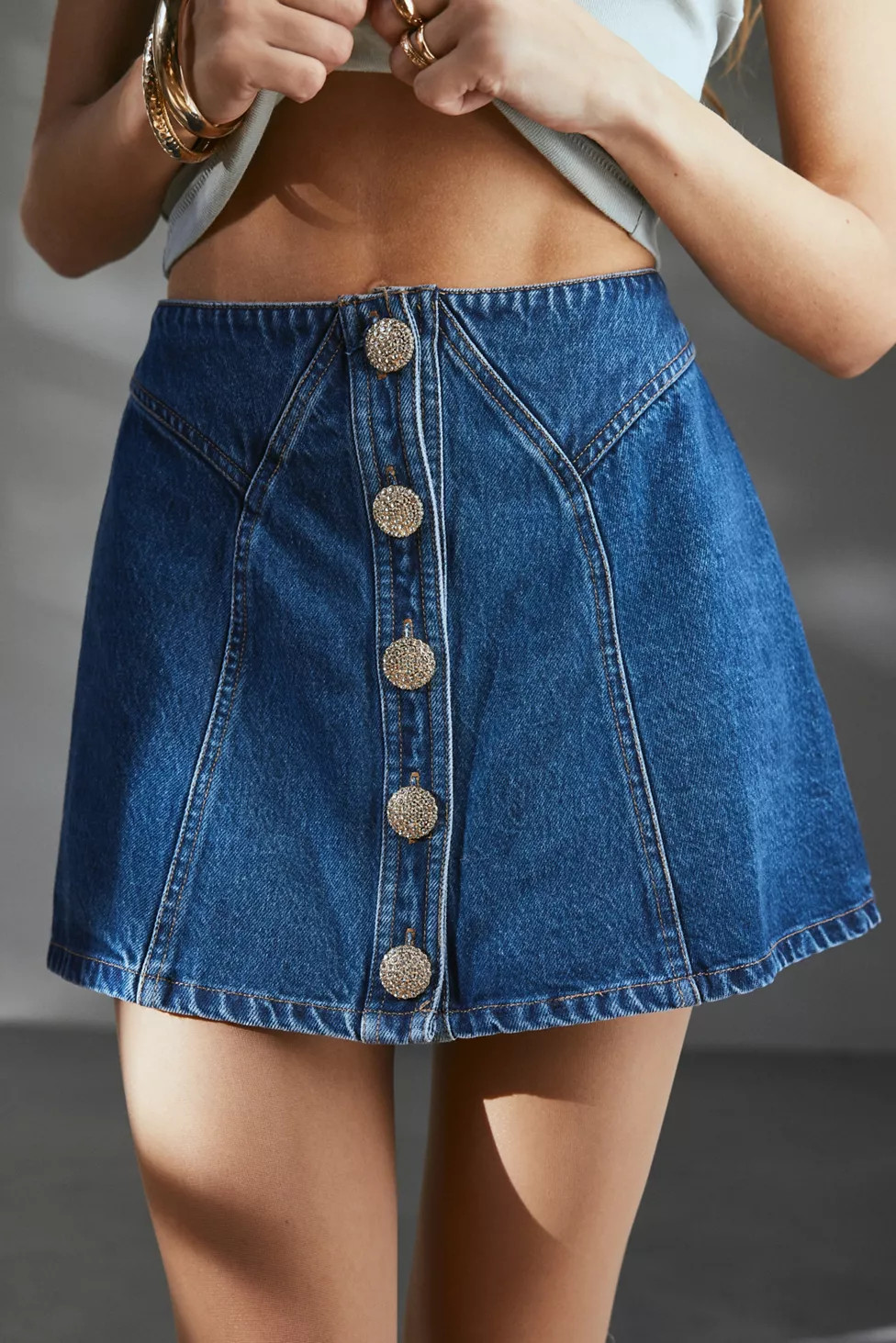 Kimchi Blue Mackenzie Embellished Button Denim Mini Skirt | Urban Outfitters (US and RoW)