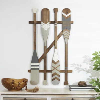 Wood Arrow and Stripe Patterned Paddle Home Wall Decor with Muted Blue Accents | Wayfair North America
