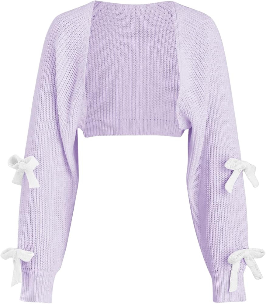 Verdusa Women's Bow Sweater Cute Cropped Cardigan Long Sleeve Knitted Shrug | Amazon (US)