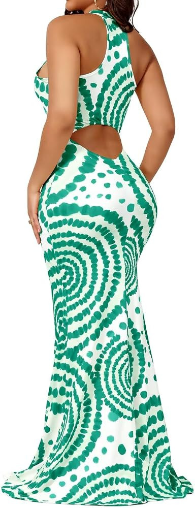 Women Sexy Bodycon Maxi Dress Tie Dye Beach Summer Dresses Halter Backless Vacation Long Sundress | Amazon (US)