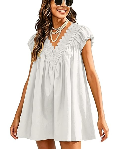 People Free Dup ES Women's Summer Casual Babydoll Mini Dress Lace V Neck Puff Cap Sleeve Loose Bo... | Amazon (US)
