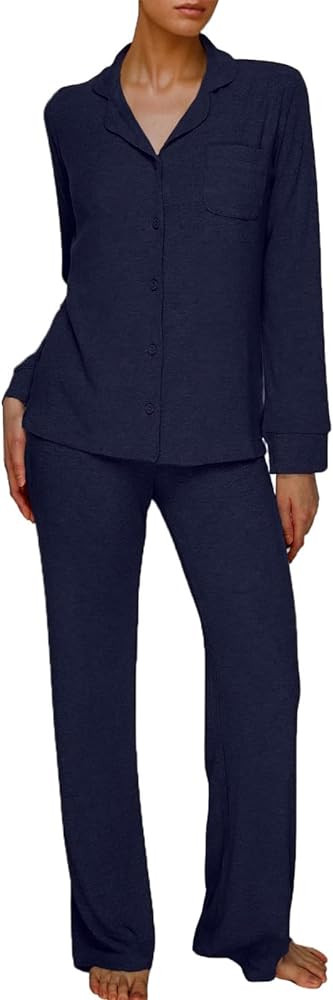 AnotherChill Women's Pajamas Set Long Sleeve Button Down Ribbed Knit 2 Piece Sleep Sets Loungewea... | Amazon (US)