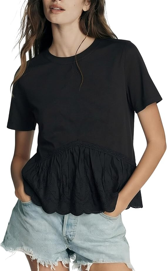 Women's Cropped Babydoll Tops Casual Embroidered Shirts Lace Panel Crewneck Blouse T Shirts Trend... | Amazon (US)