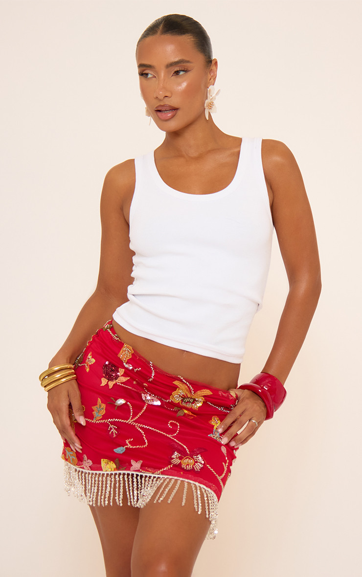 Mid Rise Tassel Hem Detail Mini Skirt In Red Floral Print | EGO Shoes (US & Canada)