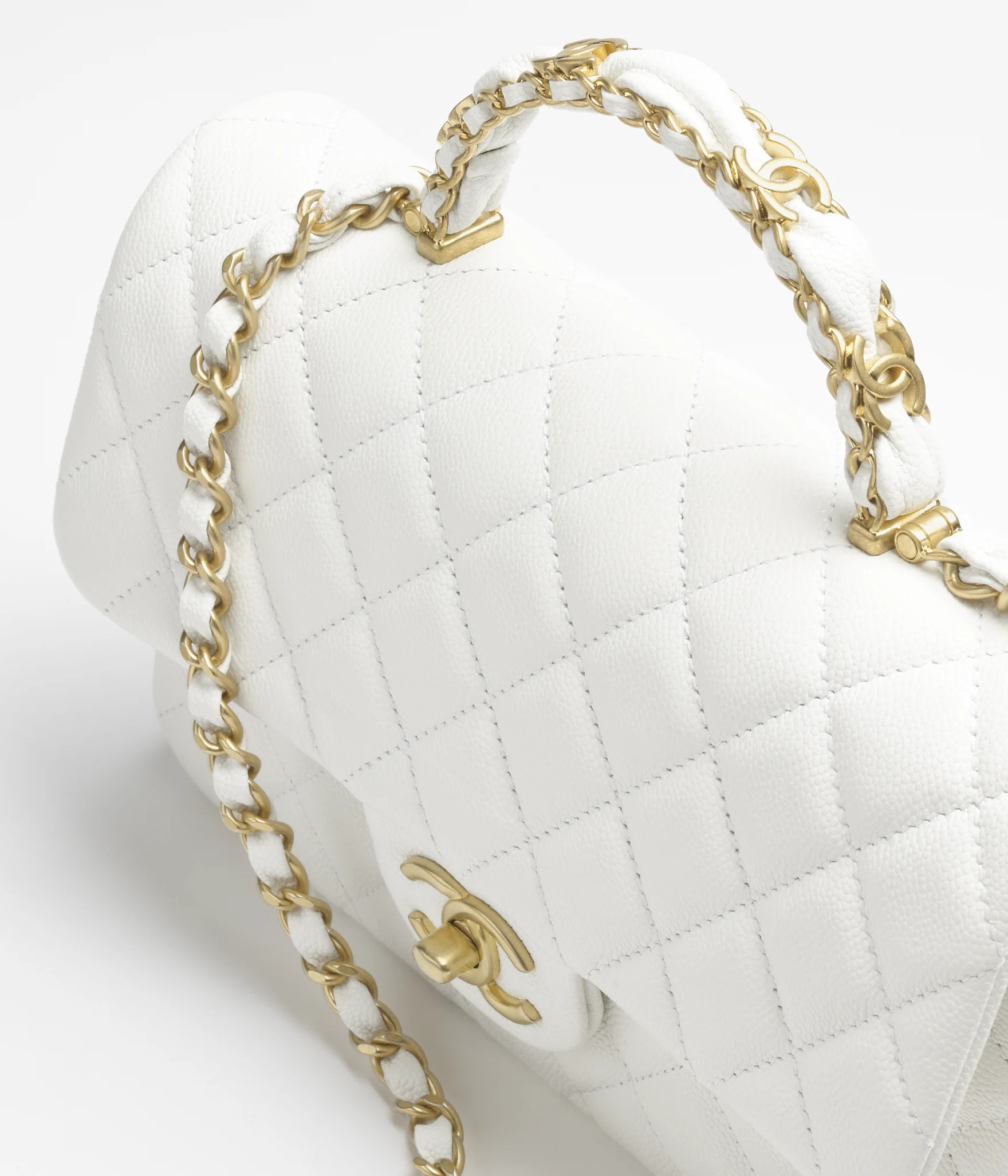 Small flap bag with top handle, Grained shiny calfskin & gold-tone metal, white — Fashion | CHA... | Chanel, Inc. (US)