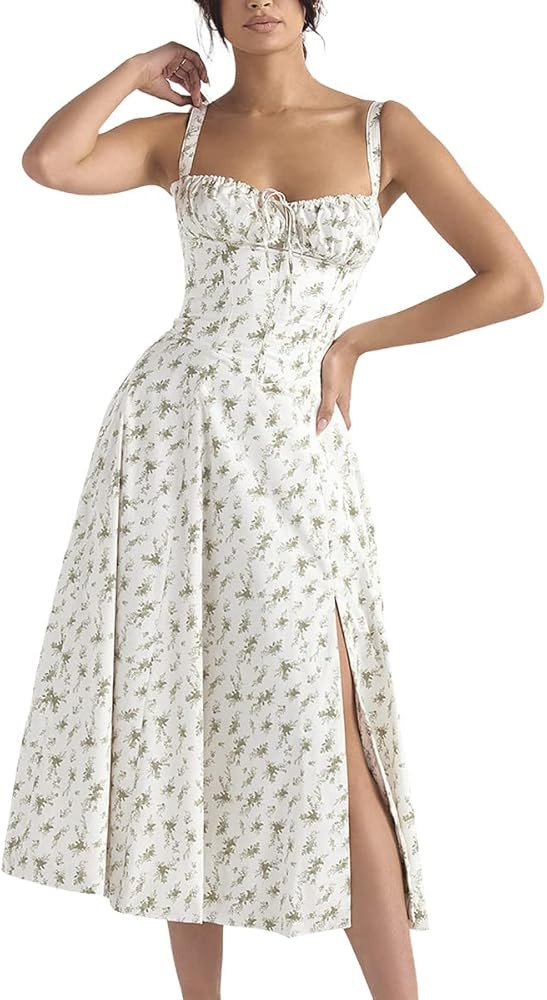 Women Floral Corset Dress, Boho Summer Spaghetti Straps Square Neck Casual Midi Dress Flowy Slit ... | Amazon (US)