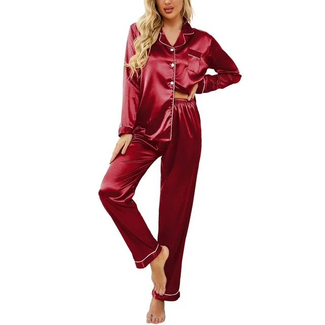 DAKIMOE Sleepwear Womens Silky Satin Pajamas Set Long Sleeve Nightwear Loungewear, Red, M | Walmart (US)