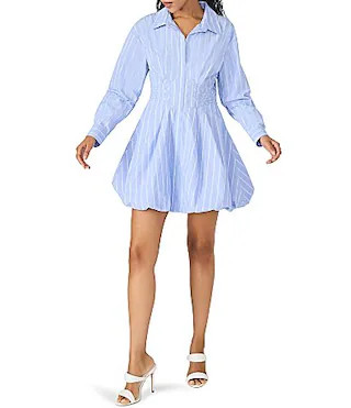 Steve Madden Arielle Striped Print Point Collar Long Sleeve Corset Waist Bubble Hem Mini Dress - 6 | Dillard's