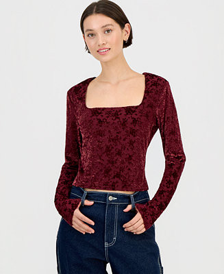 Juniors' Flocked Long-Sleeve Square-Neck Top | Macy's
