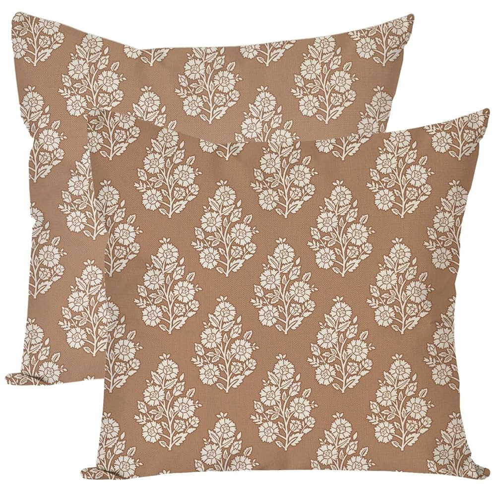 Vintage Floral Block Print Decorative Throw Pillow Covers 18x18 Inch Set of 2 Pale Brown Outdoor ... | Amazon (US)